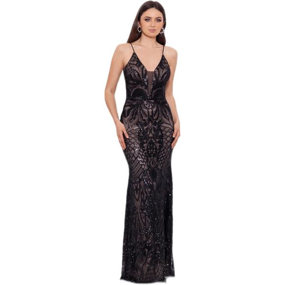 Betsy & Adam Women's 4 Black Nude V Neck Patterned Sequin Dress Evening OS44-5 - Picture 1 of 8